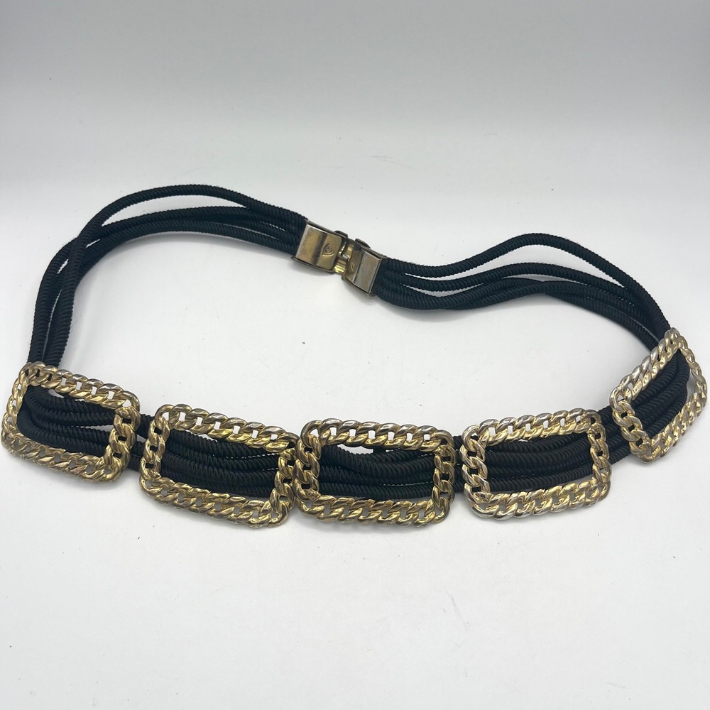 Vintage Black Rope Small Belt Gold Tone Chain Link Hardware Clasp Stretch